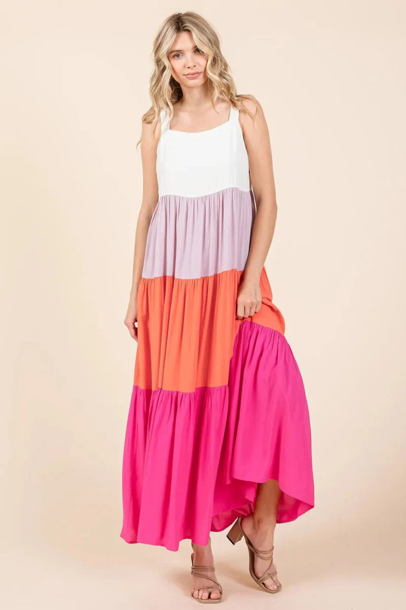 Mittoshop Color Block Tiered Pull-On Maxi Dress for Women