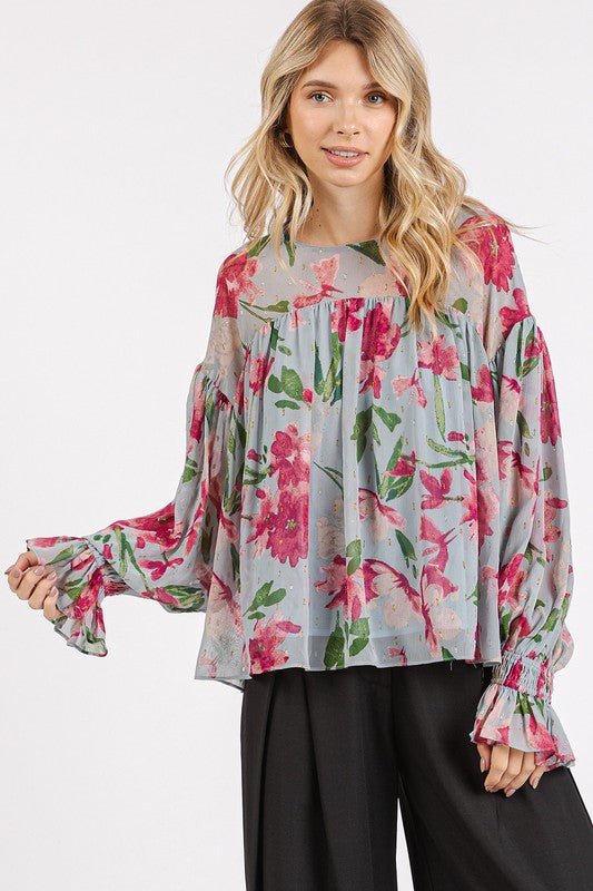 Mittoshop Floral Round Neck Flounce Sleeve Blouse for Women