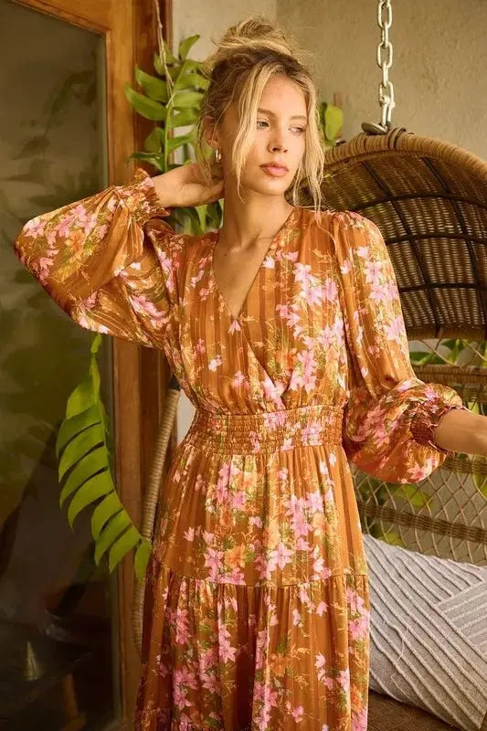 Flower Print Dress Women&amp;#39;s Casual Midi Dress Smocked &amp;amp; Flowy