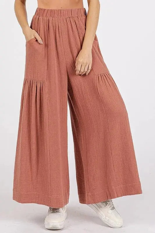 Gauze Pants Women&amp;#39;s Casual Wide Leg Pleated Trousers - Elastic Waist, Lightweight