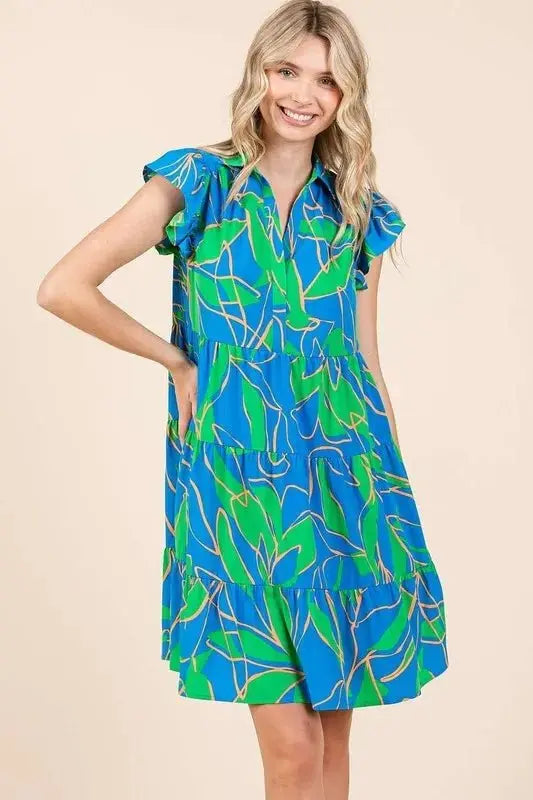 Leaf Print Mini Dress Women&amp;#39;s Summer Casual Ruffle Sleeve Tiered Dress