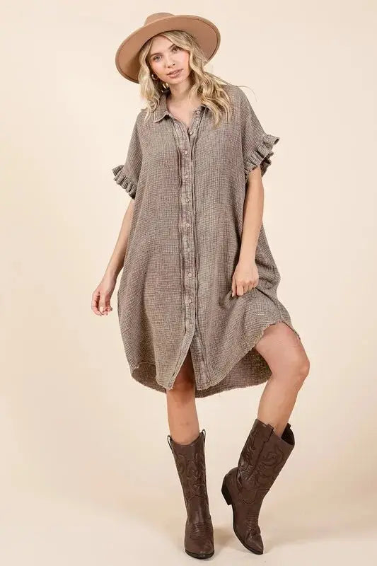 Trendsi Mineral Wash Mini Dress Women&amp;#39;s Casual Cotton Gauze Shirt Dress - Lightweight