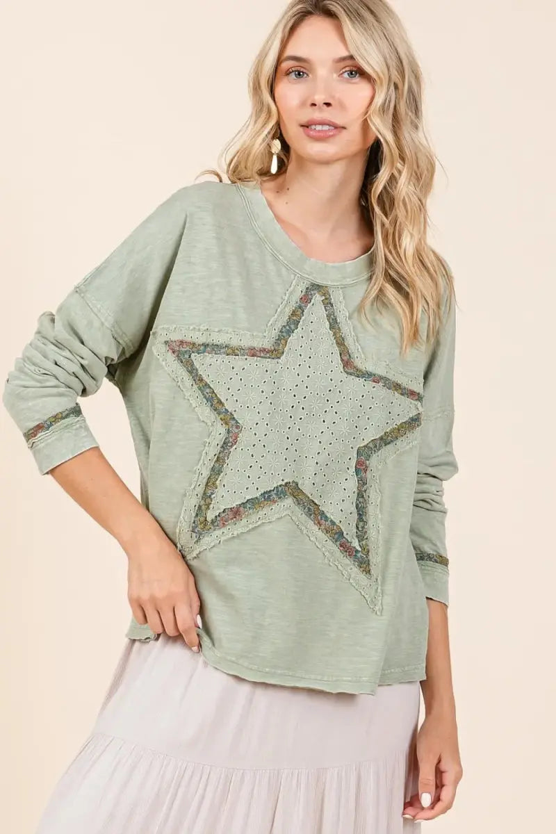 Mineral Wash Star Tee Women&amp;#39;s Casual Long Sleeve T-Shirt Comfy Fit