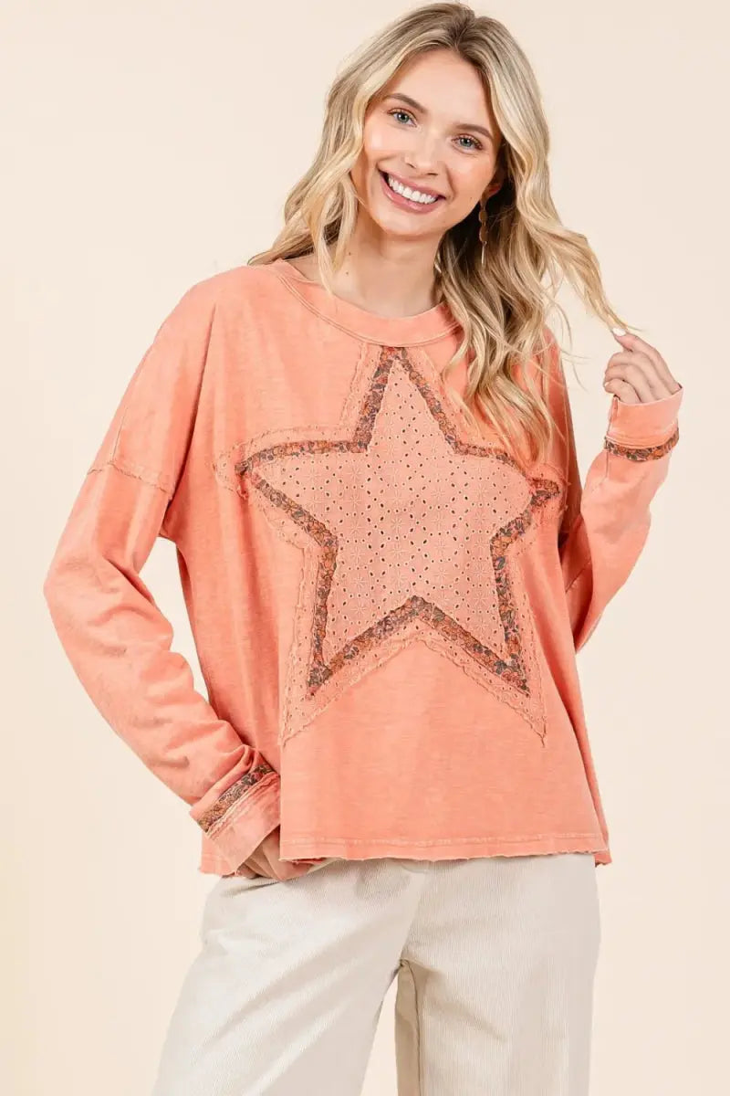 Mineral Wash Star Patch Women&amp;#39;s Casual Long Sleeve T-Shirt: Soft &amp;amp; Comfy