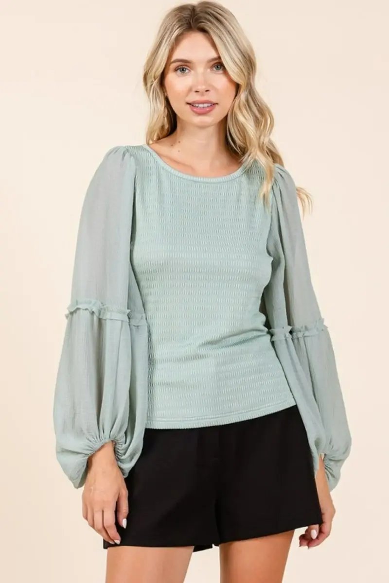 Trendsi Knit Chiffon Top Women&amp;#39;s Date Night Long Sleeve Shirt - Textured, Mixed Media
