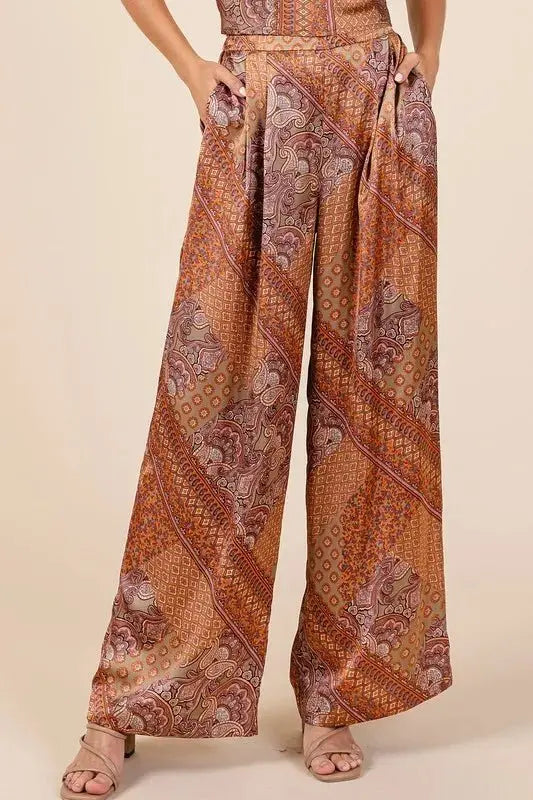 Trendsi Paisley Patchwork Women&amp;#39;s Wide Leg Pants + Comfy Satin + Stylish