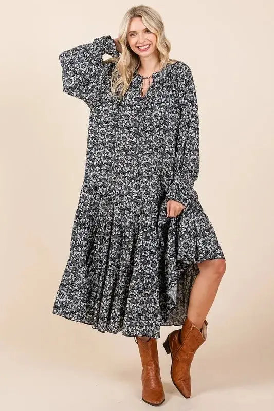 Printed Midi Dress Women&amp;#39;s Casual Tie Neck Flounce Sleeve Elegant