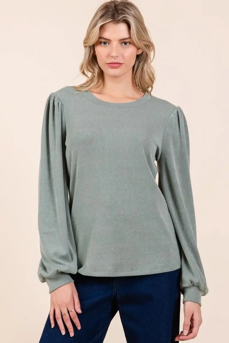 Trendsi Ribbed Knit Top Women&amp;#39;s Casual Long Sleeve Round Neck Basic Tee