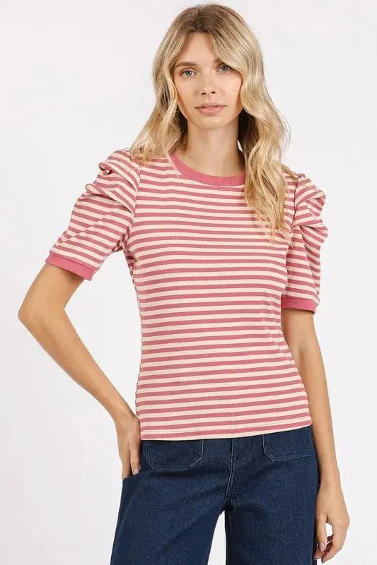 Trendsi Striped Tee Women&amp;#39;s Casual Top Cute Puff Sleeve T-Shirt
