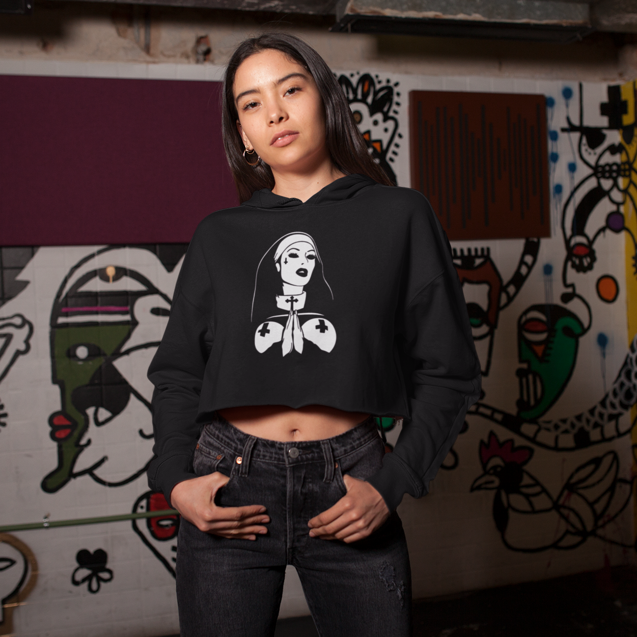On your knees, Nun Women&amp;#39;s Cropped Hoodie Sweatshirt