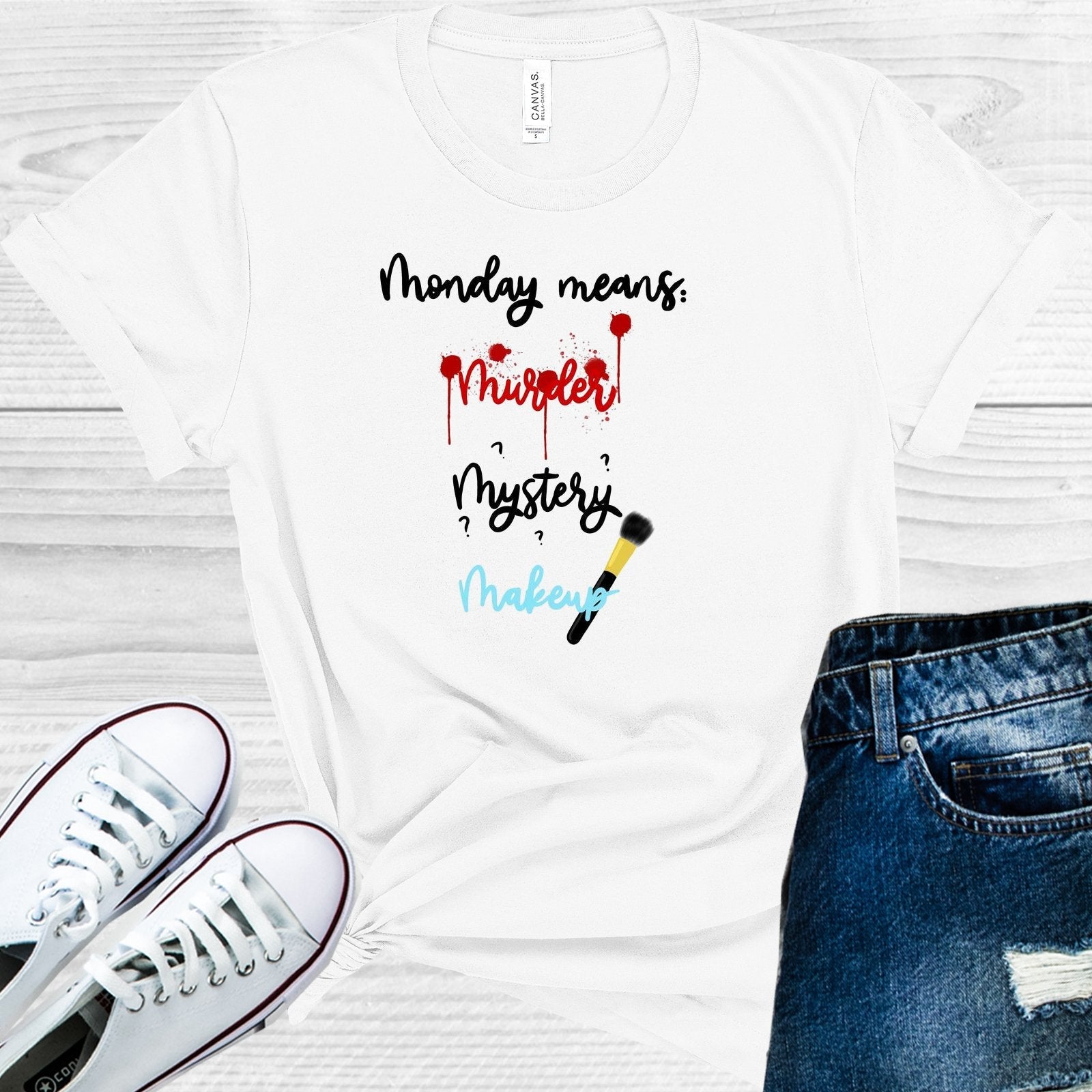 Monday Means Murder Mystery Makeup Graphic Tee