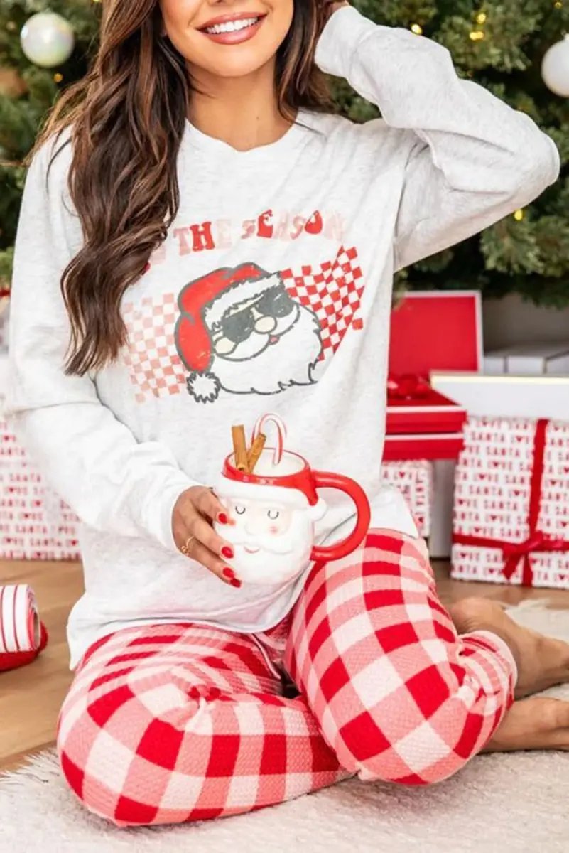Love Salve Christmas Lounge Set Women&amp;#39;s Holiday Pajamas Plaid Pants Graphic Top Comfy