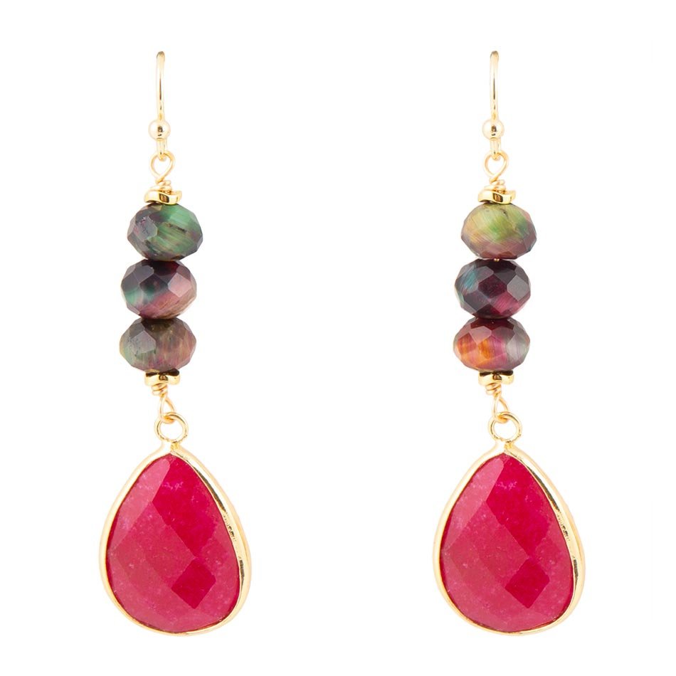 Jeweled Multicolor Tiger&amp;#39;s Eye and Pink Agate Golden Drop Earrings