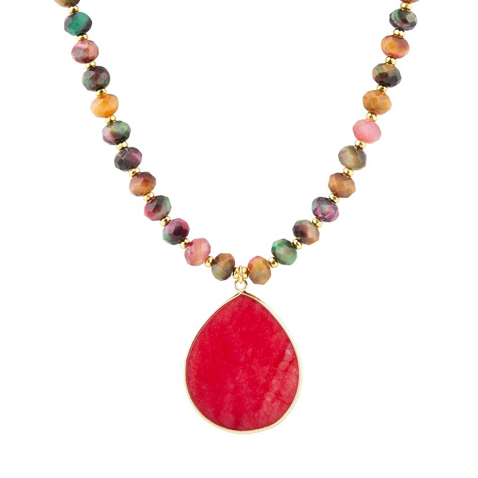 Jeweled Multicolor Tiger&amp;#39;s Eye and Pink Jade Pendant Golden Necklace