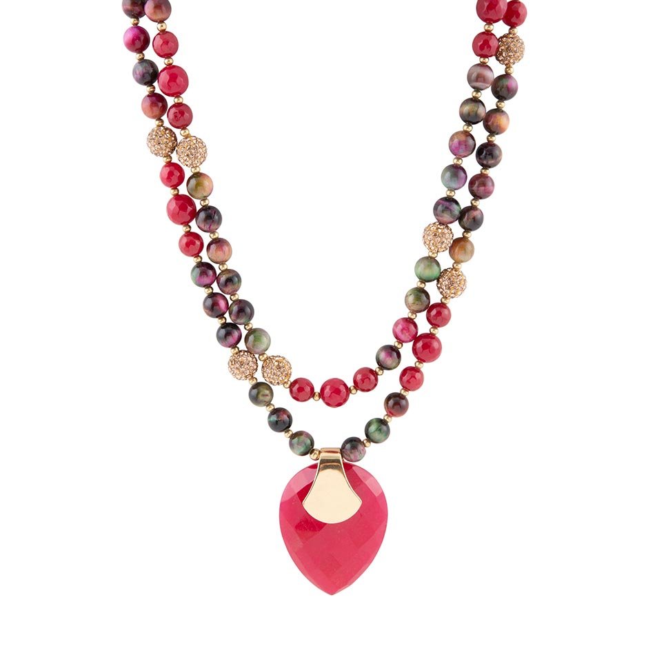 Jeweled Multi-Color Tiger&amp;#39;s Eye and Rasberry Quartz Pendant Golden Necklace
