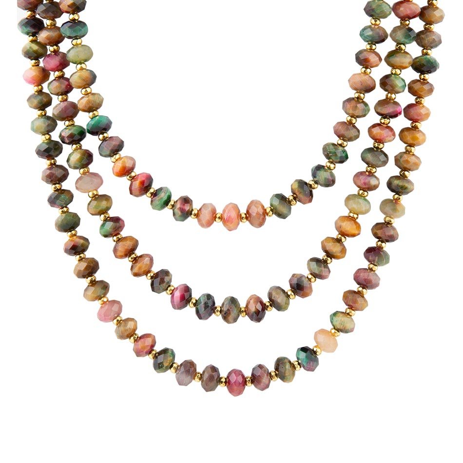 Jeweled Multi-Color Tiger&amp;#39;s Eye Triple Strand Golden Necklace