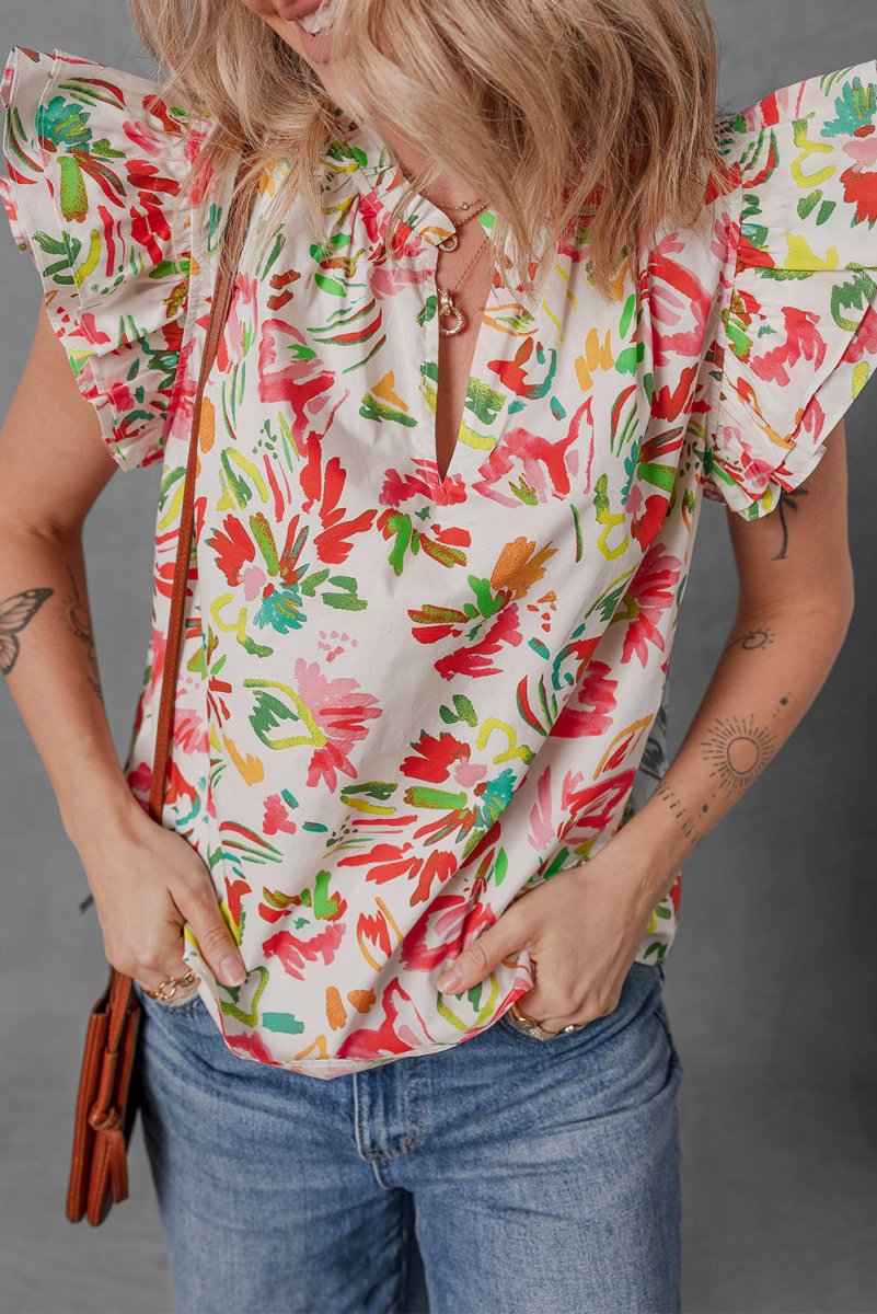 Multicolour Allover Floral Printed Flutter Sleeve Blouse