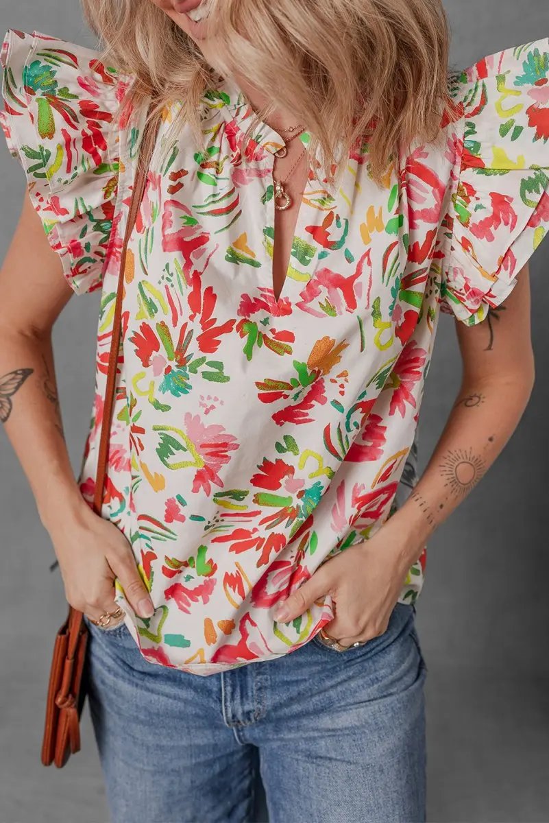 Love Salve Floral Blouse Women&amp;#39;s Daily Summer Top Flutter Sleeve Southern Belle Chic