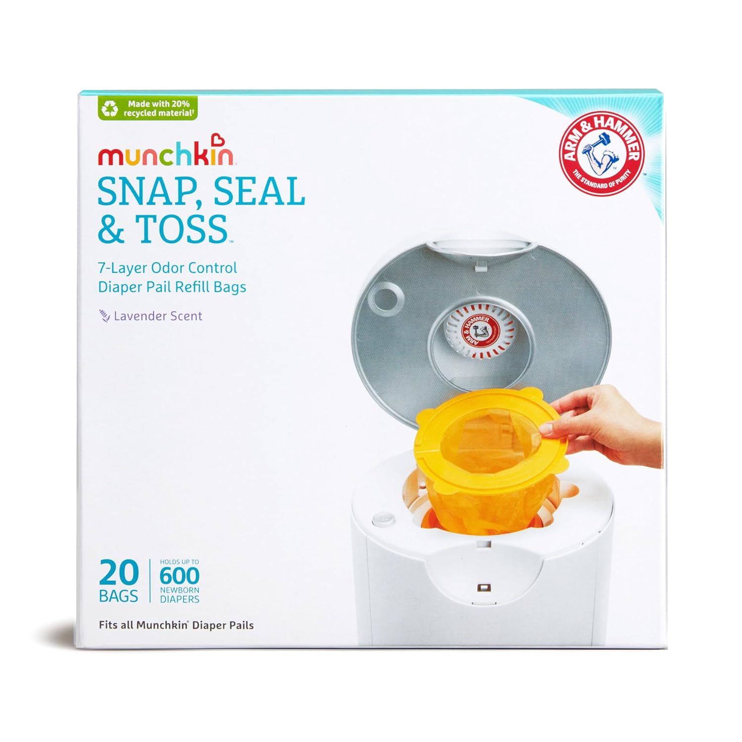 Munchkin® Arm &amp;amp; Hammer Diaper Pail Snap, Seal &amp;amp; Toss™ Refill Bags, Holds up to 600 Newborn Diapers, 20 Pack