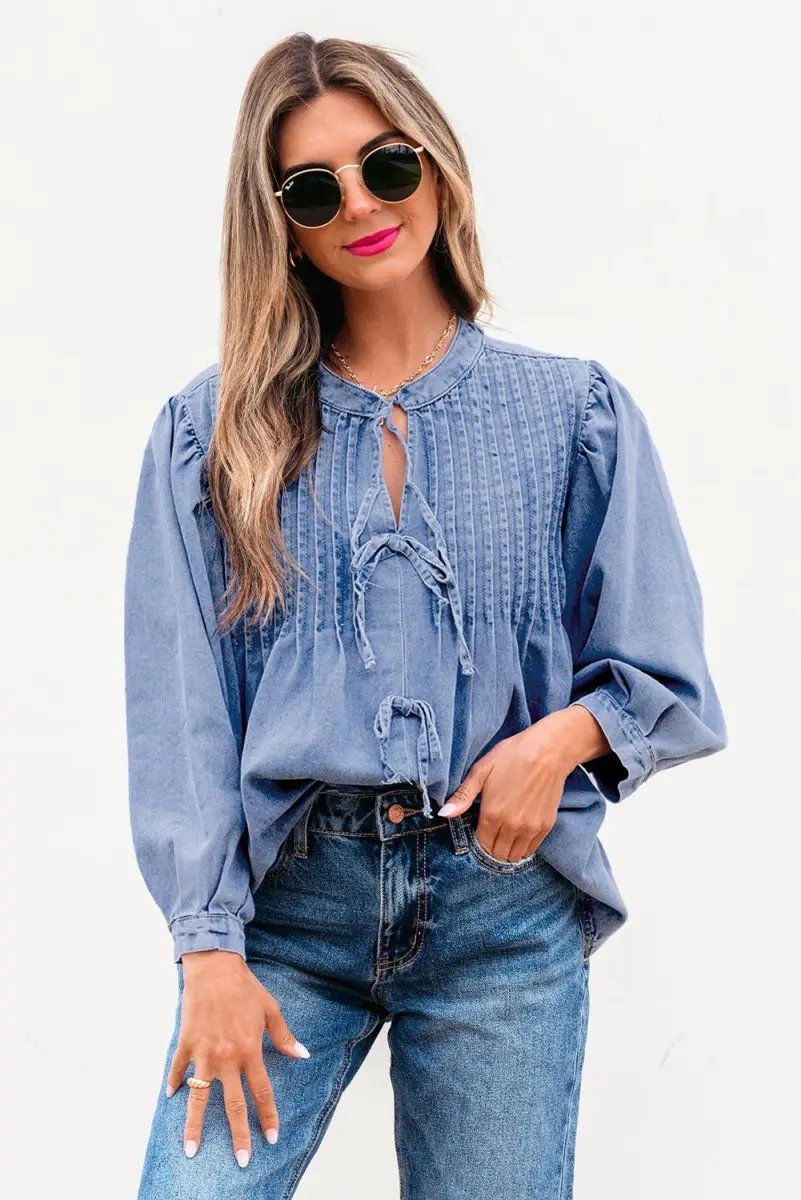 Love Salve Denim Top Women&amp;#39;s Daily Wear Blouse Pintuck Bow Puff Sleeve Spring