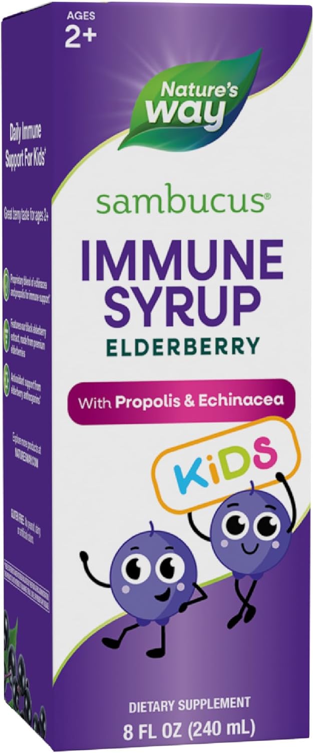 Nature&amp;#39;s Way Sambucus Elderberry Immune Syrup for Kids Ages 2+, with Echinacea &amp;amp; Propolis, Immune Support Syrup*, Vegetarian, Berry Flavored, 8 Fl Oz