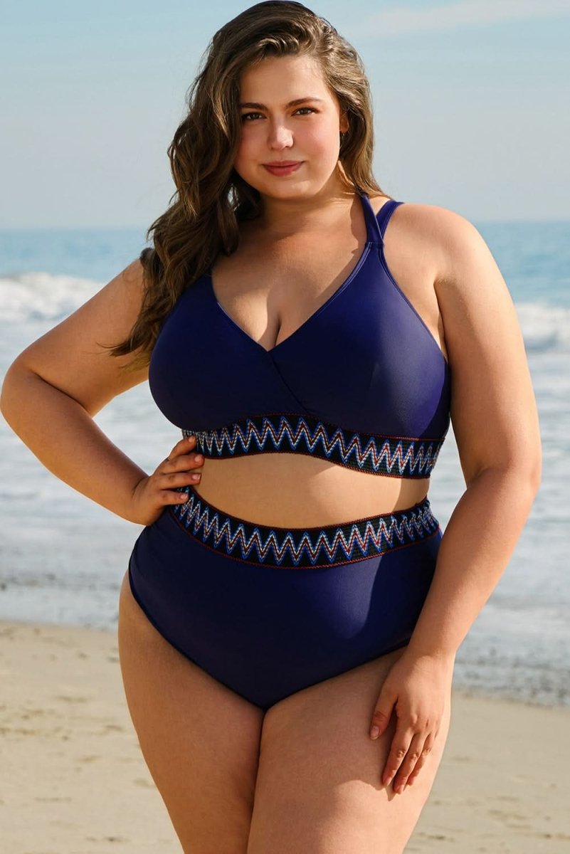 Navy Blue High Waisted Plus Size Bikini with Embroidered Wrap Tie Detail