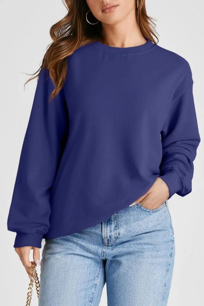 Love Salve Navy Pullover Women&amp;#39;s Daily Wear Sweatshirt: Drop Shoulder, Casual Style