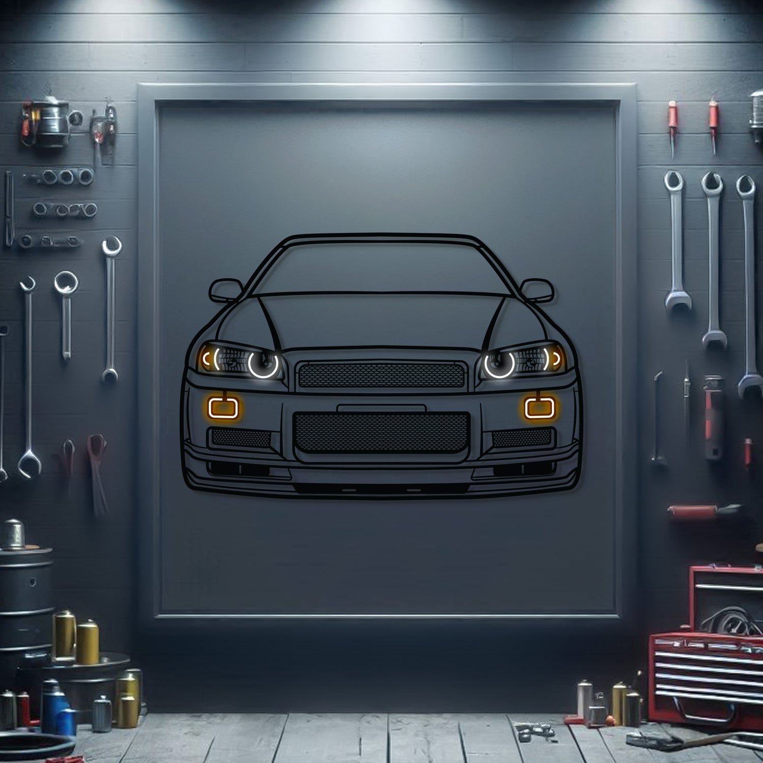 GT-R R34 Front View Metal Neon Car Wall Art - MTN0092