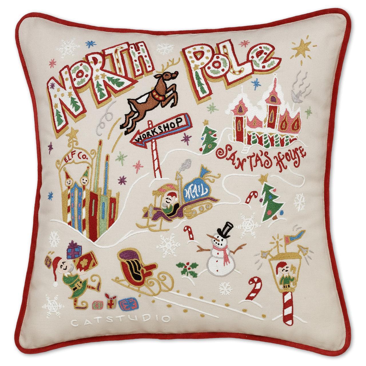 North Pole Christmas Hand-Embroidered Pillow