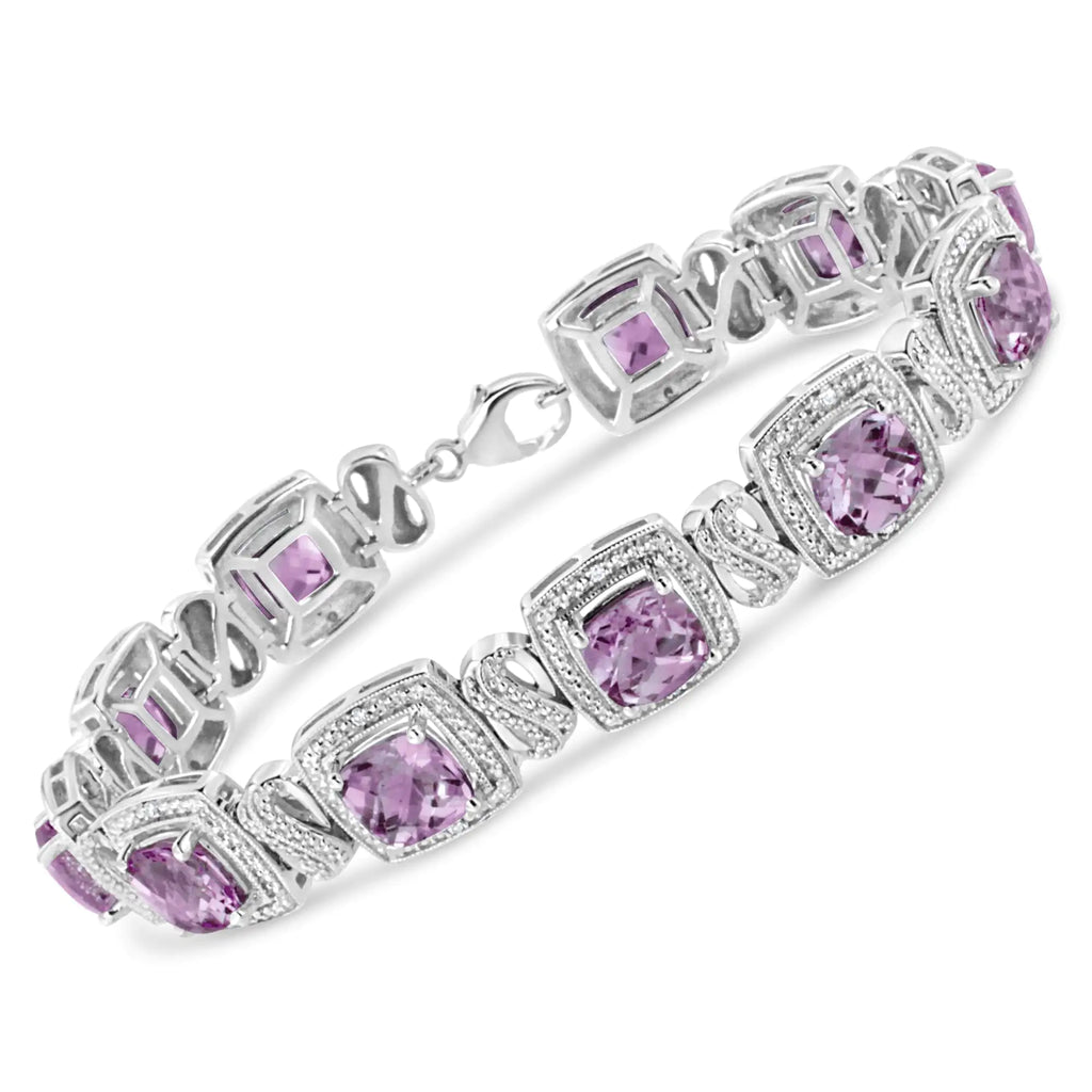 (.08) Style Loft Collection .925 Sterling Silver 7x7 mm Cushion Cut Purple Amethyst and 1/10 ctw Round Cut Diamond Square Shape Tennis Bracelet (I-J Color, I1-I2 Clarity) - 7"