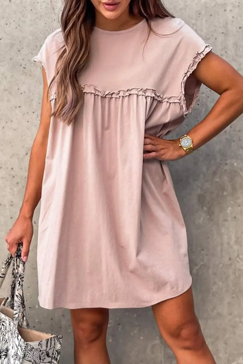 Love Salve Pink Mini Dress Women&amp;#39;s Daily Casual Summer Outfit Frilled Trim, Loose Fit