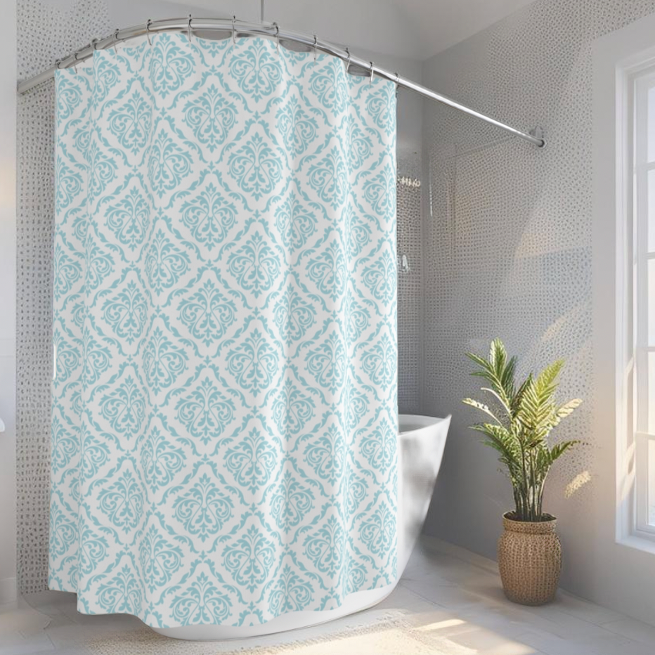 Aqua &amp;amp; White Damask Shower Curtain – Elegant Coastal Bathroom Decor