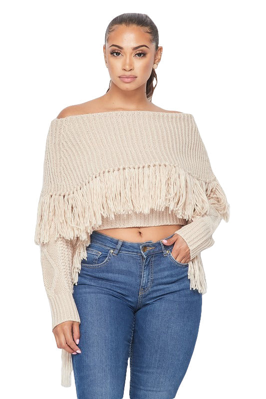 Off the Shoulder Fringe Long Sleeve Sweater