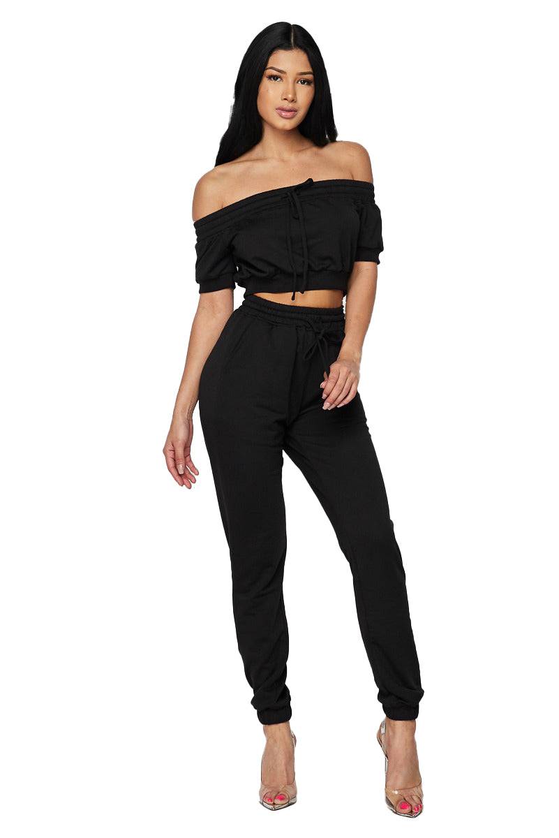 2 PC Off The Shoulder Sweat Suit - Black