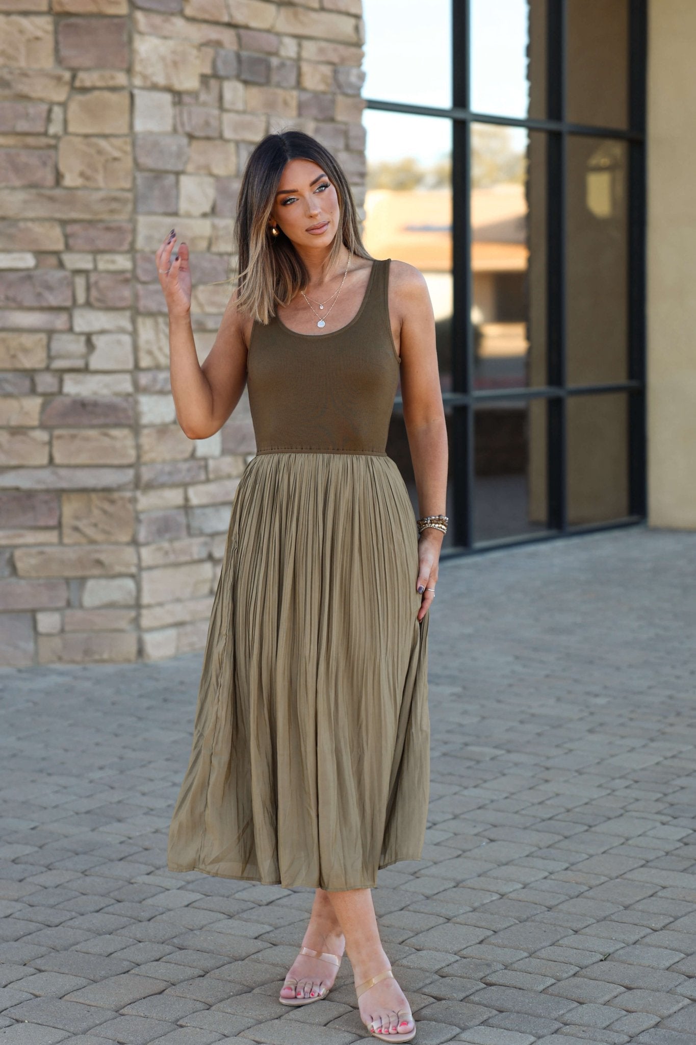 Olive Scoop Neck Pleated Tank Midi Dress