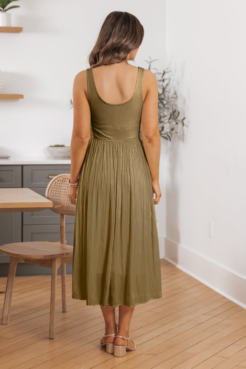 Olive Scoop Neck Pleated Tank Midi Dress