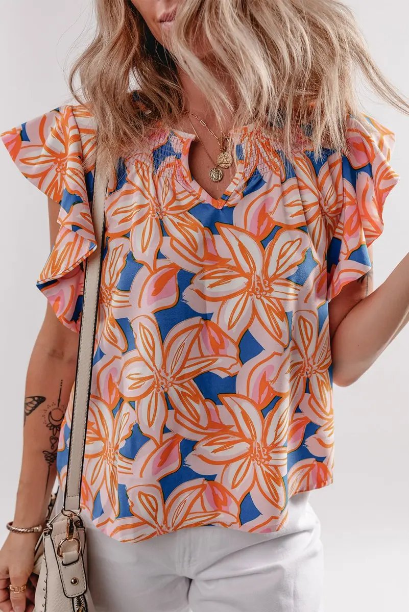 Love Salve Orange Floral Blouse Women&amp;#39;s Summer Southern Belle Top - Ruffle Sleeve, Notched Neck