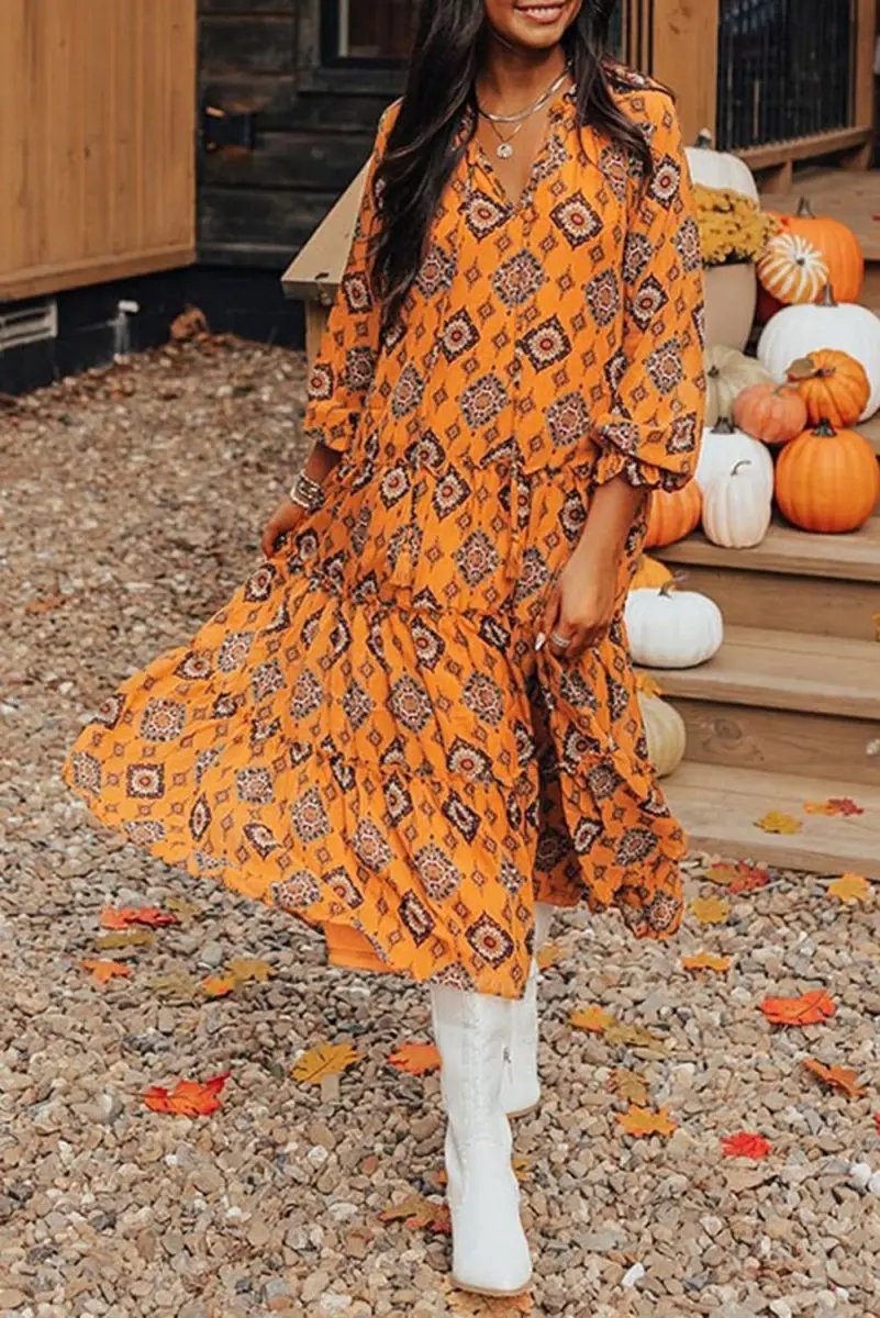 Love Salve Orange Aztec Midi Dress Vacation Women&amp;#39;s Tiered Dress: Frilled &amp;amp; Flowy