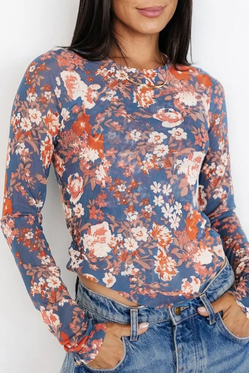 Love Salve Floral Mesh Top Women&amp;#39;s Daily Wear Long Sleeve Sheer Fitted Shirt
