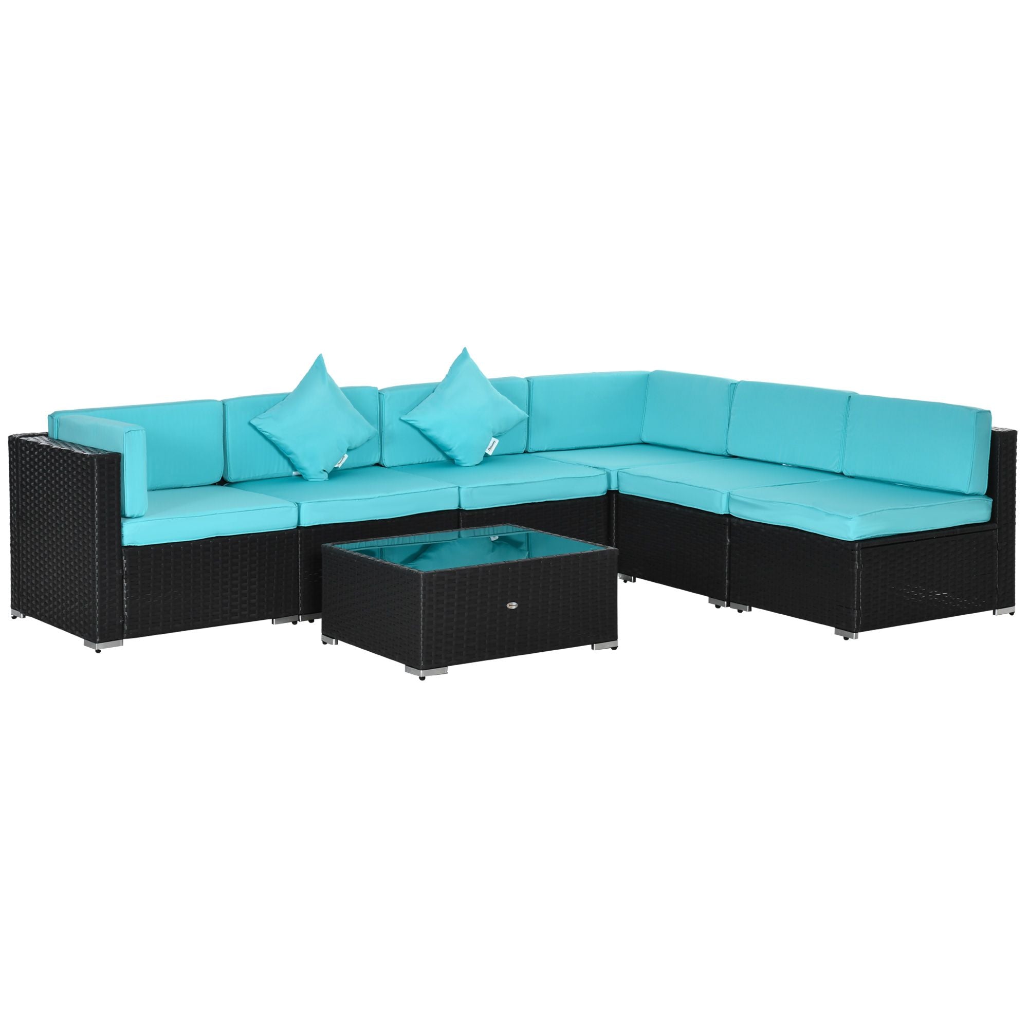 Outsunny 7-Piece Wicker Patio Conversation Set with Cushions &amp;amp; Glass Table, Turquoise