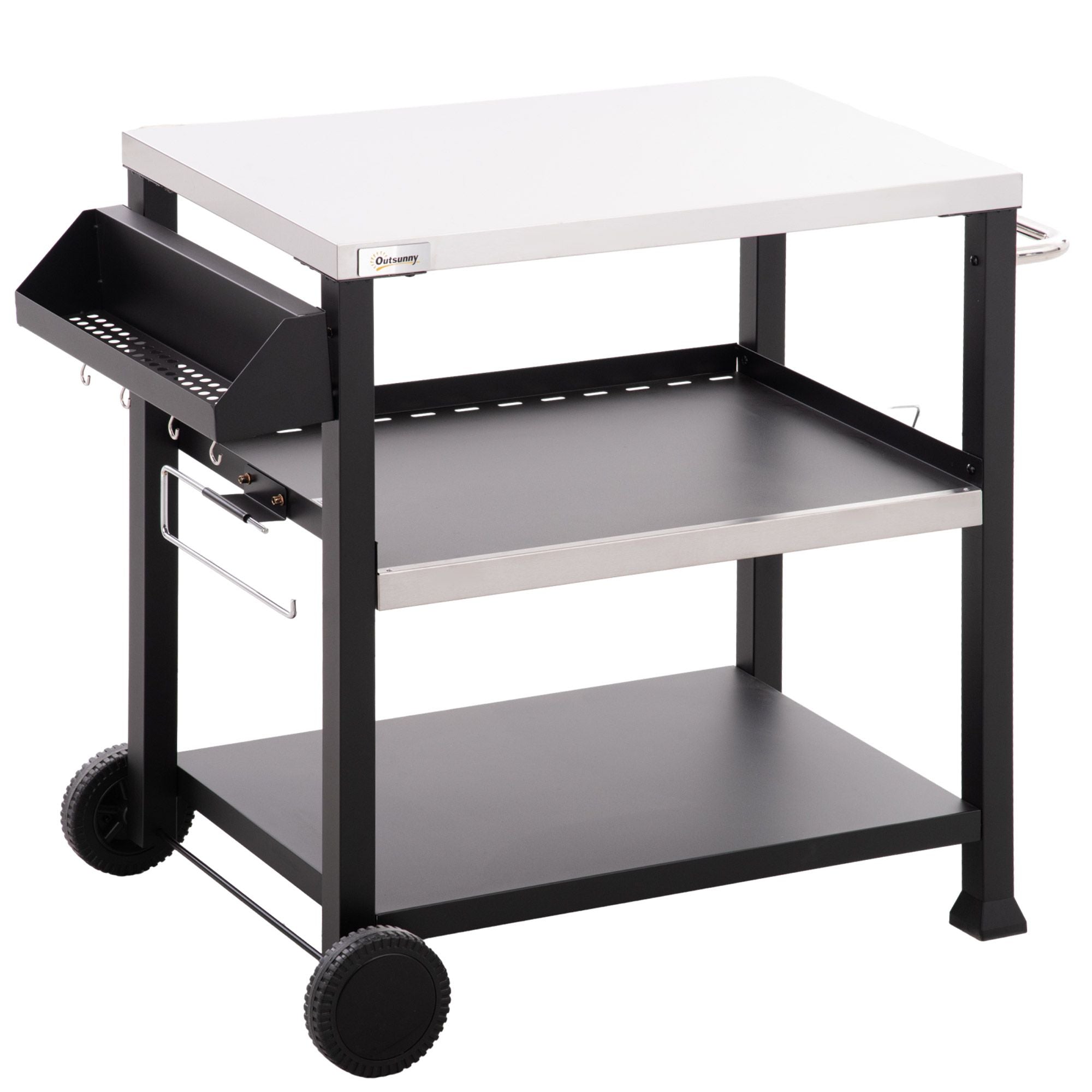 Outsunny Grill Cart Table Outdoor, 3-Shelf Stainless Steel, Pizza Oven Stand, Black with BBQ Wheels &amp;amp; Side Handle