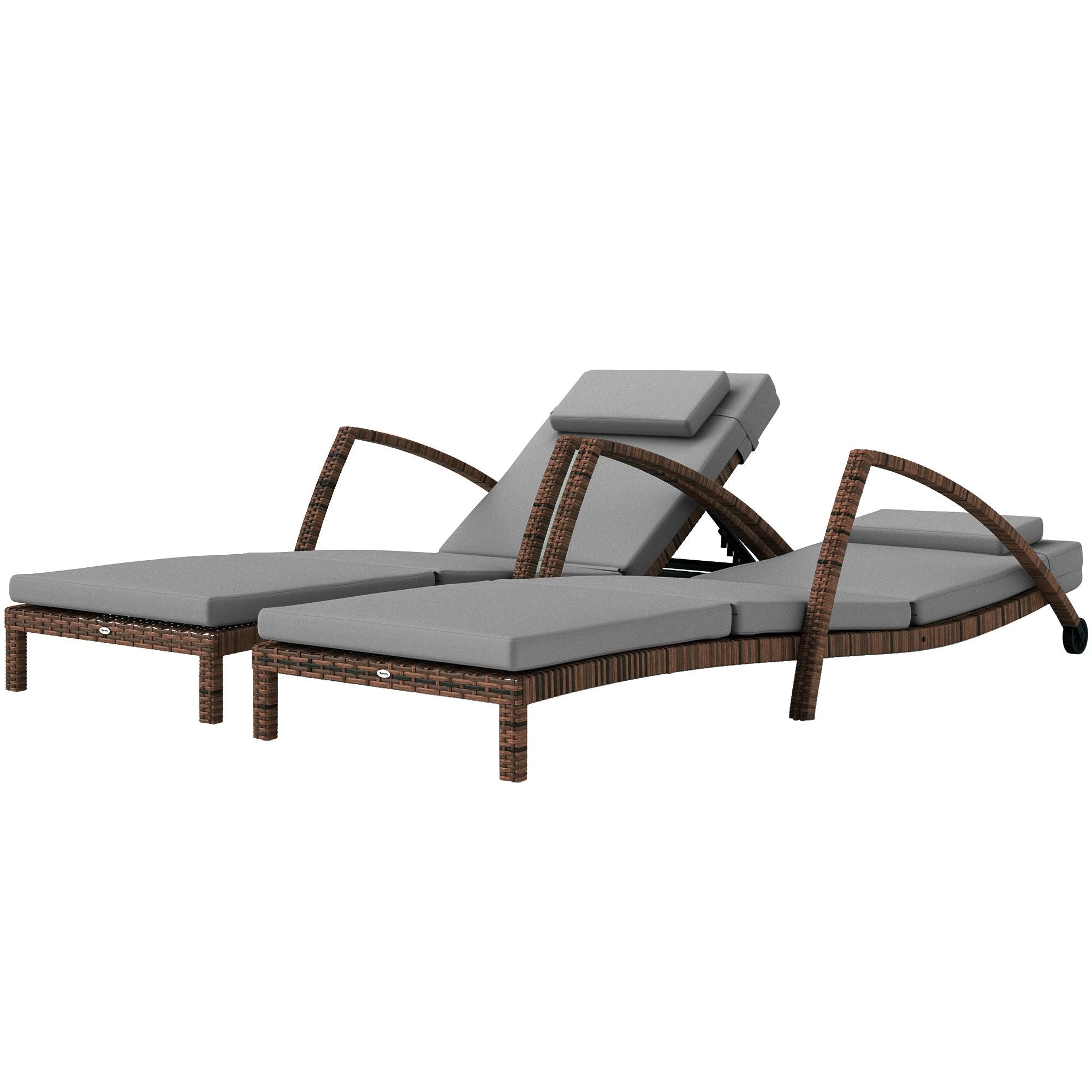 Outsunny Set of 2 Wicker Chaise Lounge Chair Outdoor Patio Lounger with Adjustable Back, Wheels, Cushion, and Armrests, Gray