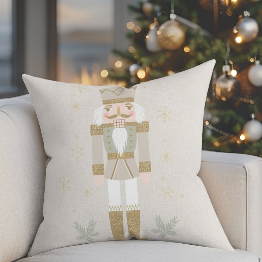 Pastel Nutcracker Throw Pillow | Pink Velvet Back | Whimsical Holiday Decor