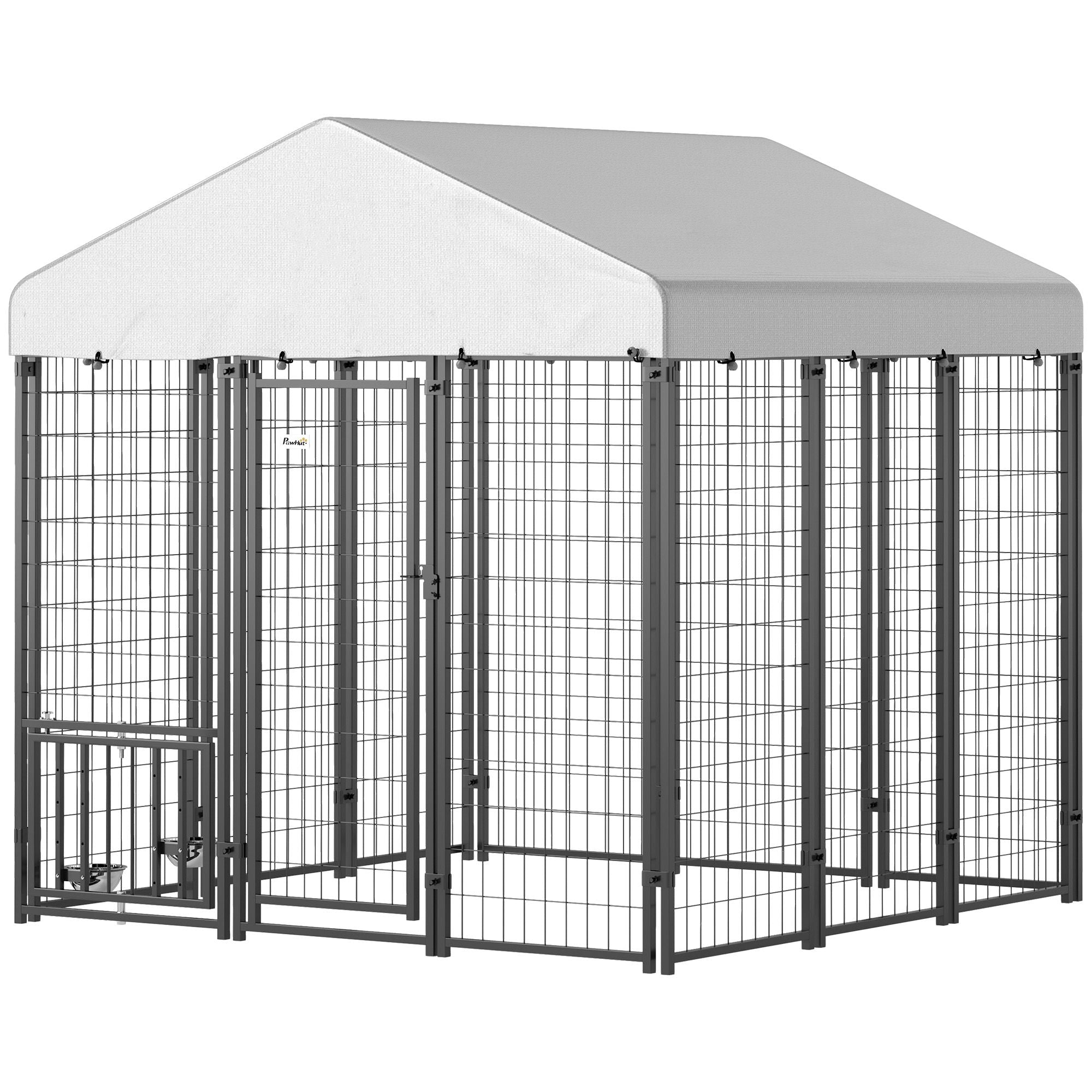 PawHut 5.9&amp;#39; x 5.9&amp;#39; x 6&amp;#39; Outdoor Dog Kennel with Roof, Rotating &amp;amp; 4-Level Adjustable Bowls