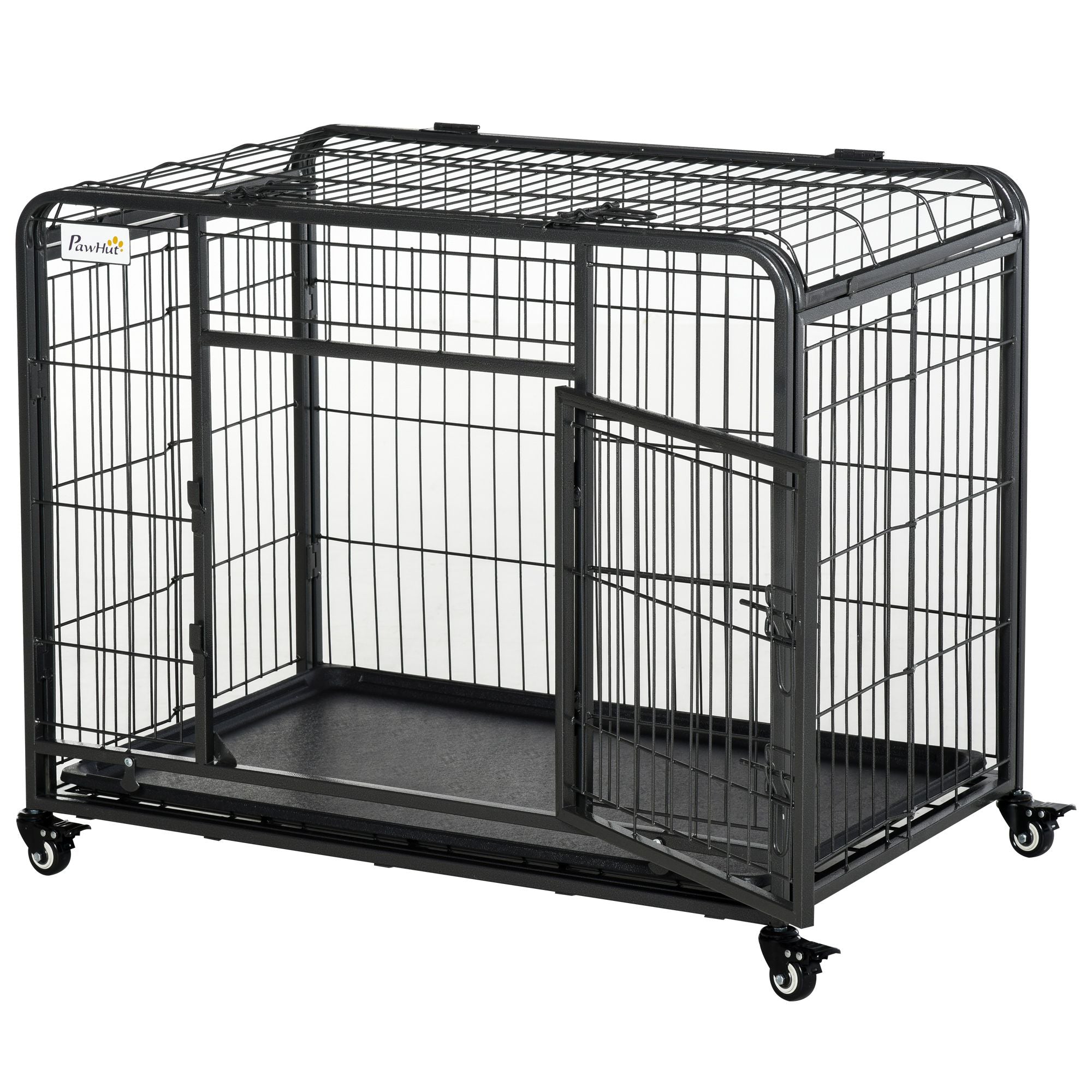 PawHut Metal Dog Crate 37&amp;quot; Heavy Duty Folding Kennel with Removable Tray Cover 4 Wheels Gray