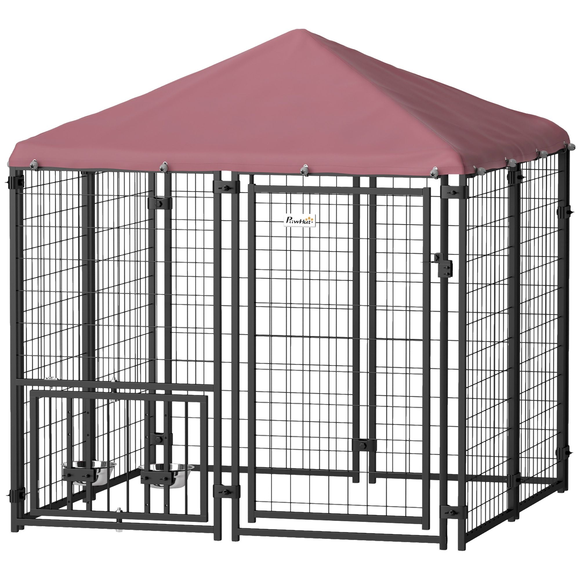PawHut Welded Wire Outdoor Dog Kennel with 360° Rotating &amp;amp; 4 Levels Adjustable Bowls, Waterproof Cover, 4.6&amp;#39; x 4.6&amp;#39; x 5&amp;#39;