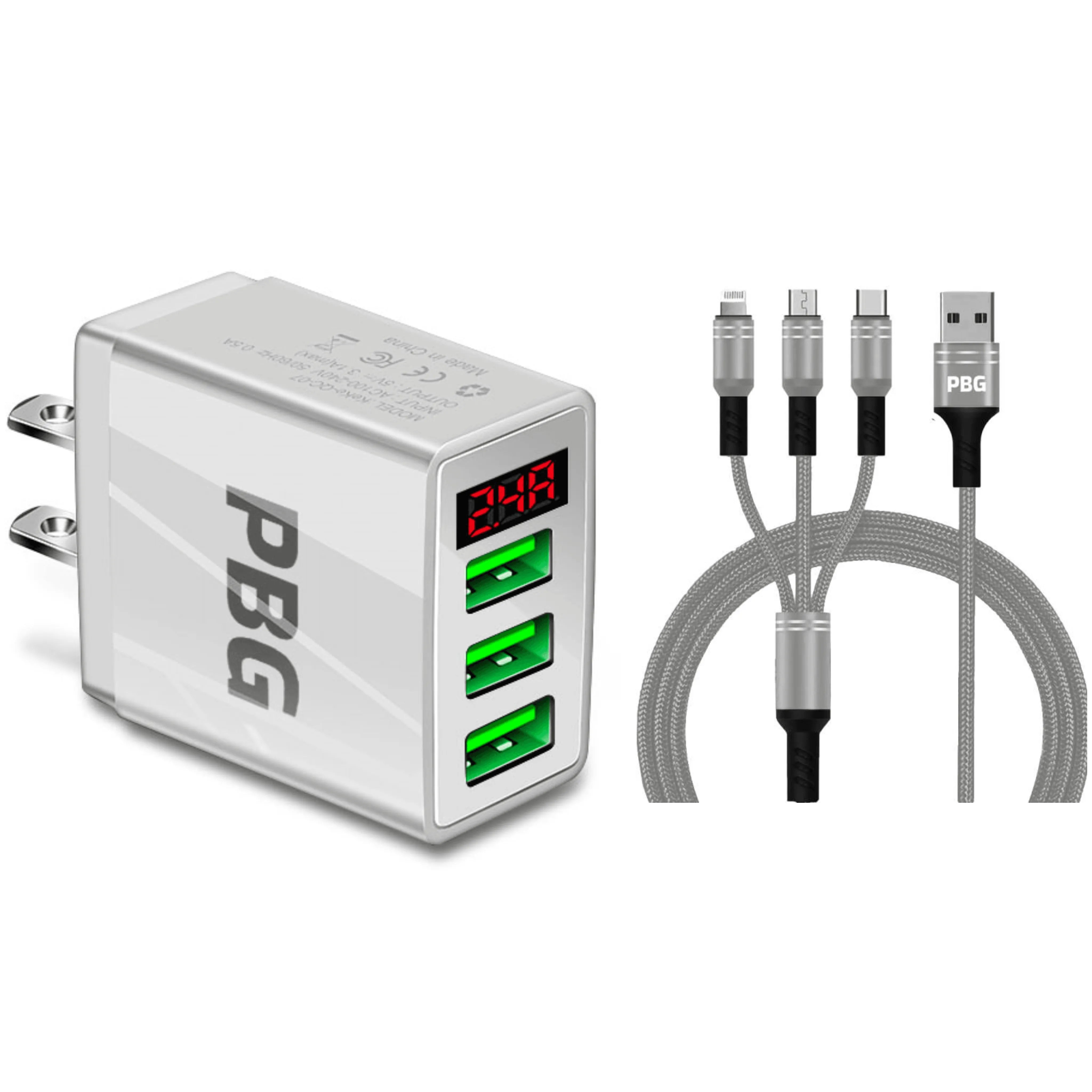 PBG 3 port LED Display Wall Charger and 3 in 1 Cable Bundle Silver