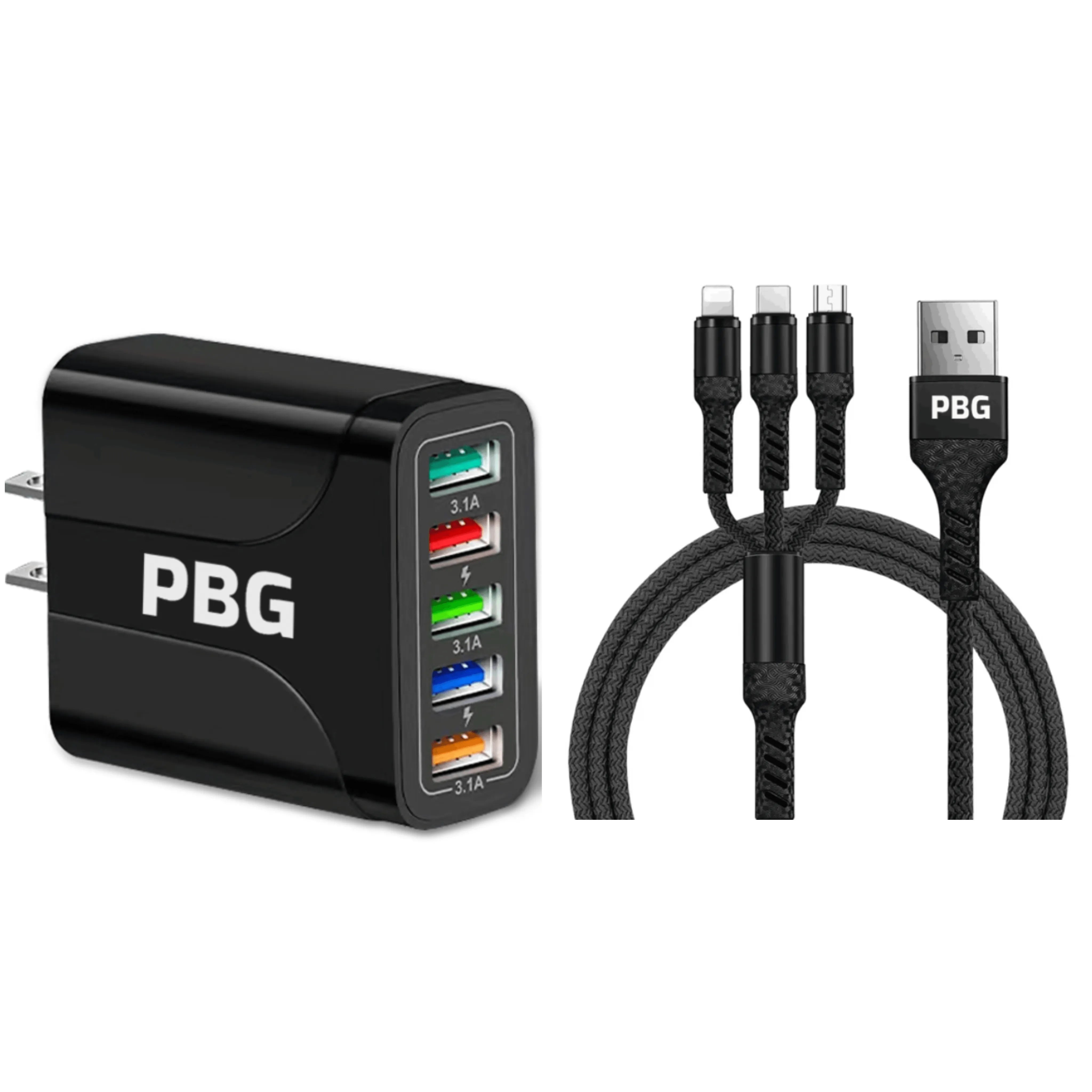 PBG Black 5-Port LED Wall Charger &amp;amp; QC 3-in-1 Nylon Braided Fast Charging Cable
