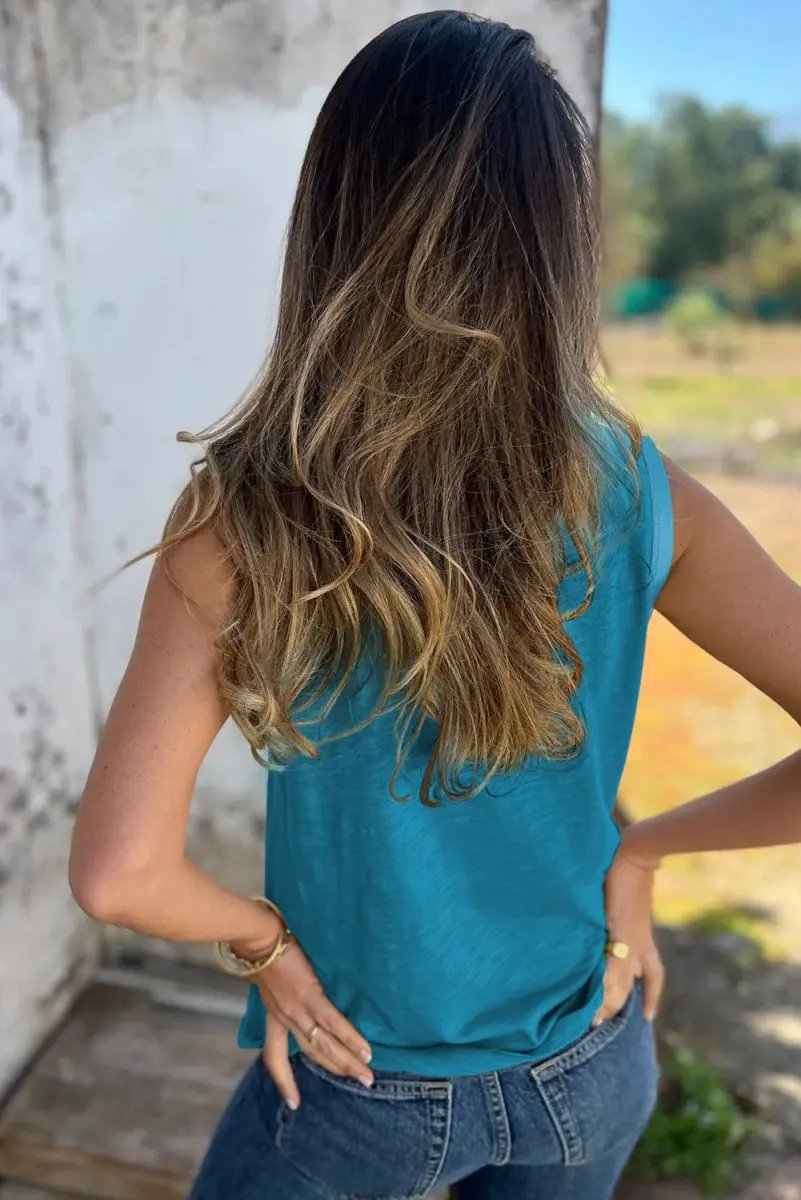 Love Salve Blue Metallic Tank Women&amp;#39;s Casual Top: Sheen Edge, Scoop Neck