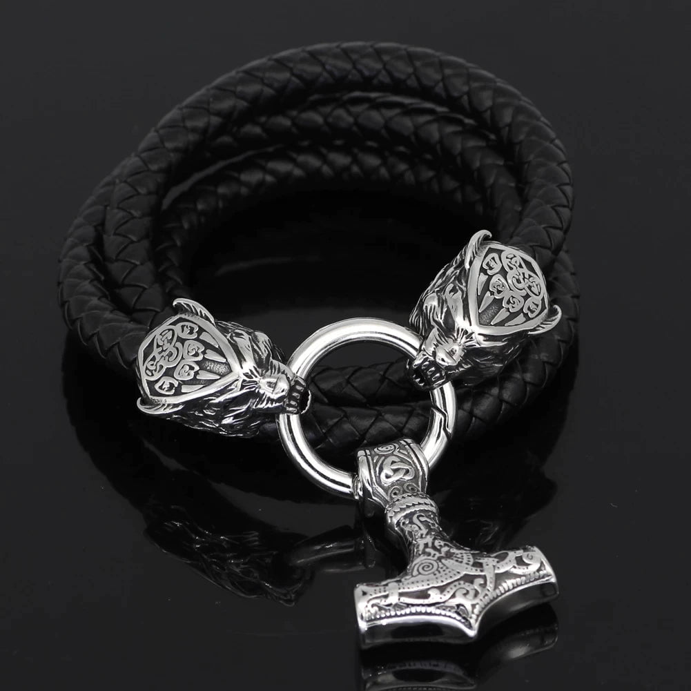 Vikings Wolf Head Mjolnir Stainless Steel Necklace